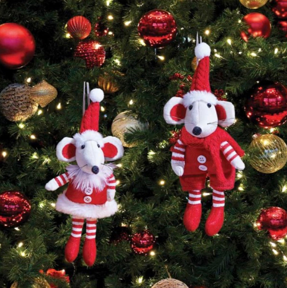 Set of 2 Plush Christmas Mouse Decorations – Hanging Red & White Tree Ornaments