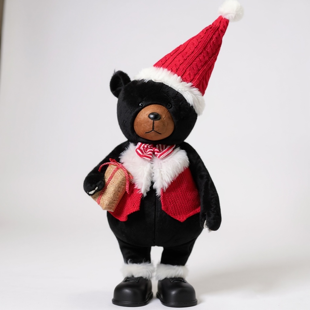 Festive Black Bear Christmas Decoration – Holiday Plush with Gift & Santa Hat