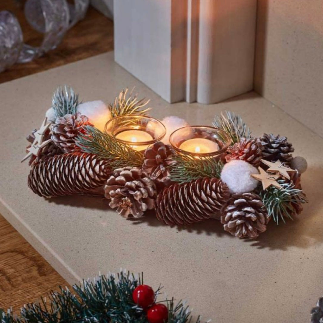 Rustic 2-Cup Pinecone Tealight Holder – Festive Winter Candle Centrepiece