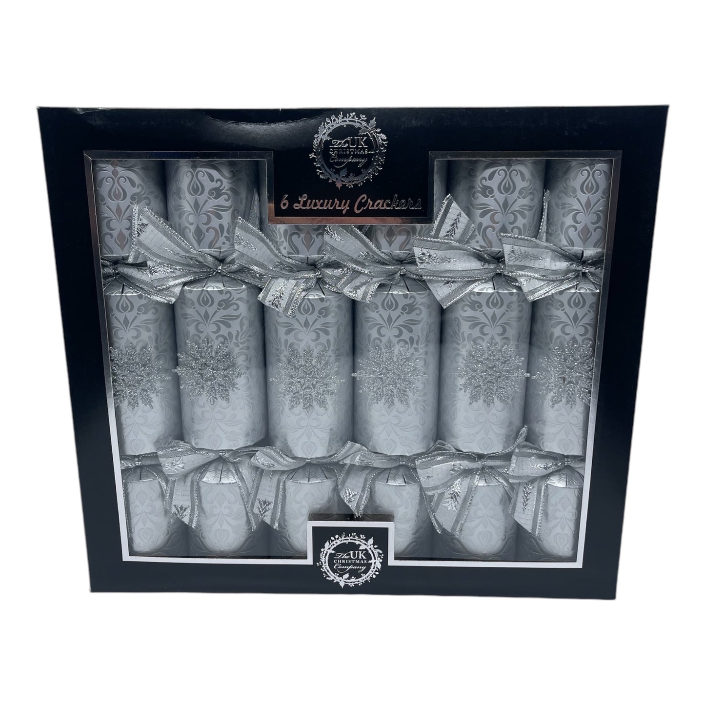 6 Luxury Silver Christmas Crackers with White Ribbons – Elegant Holiday Table Favour Set