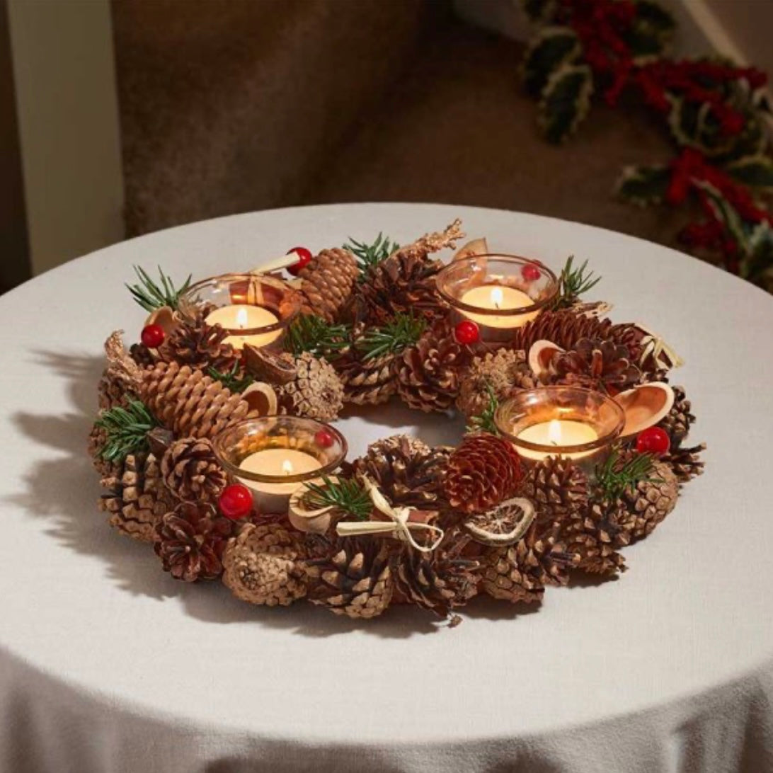Natural Pine Cone Candle Holder Wreath – Festive Centrepiece with 4 Tealight Holders