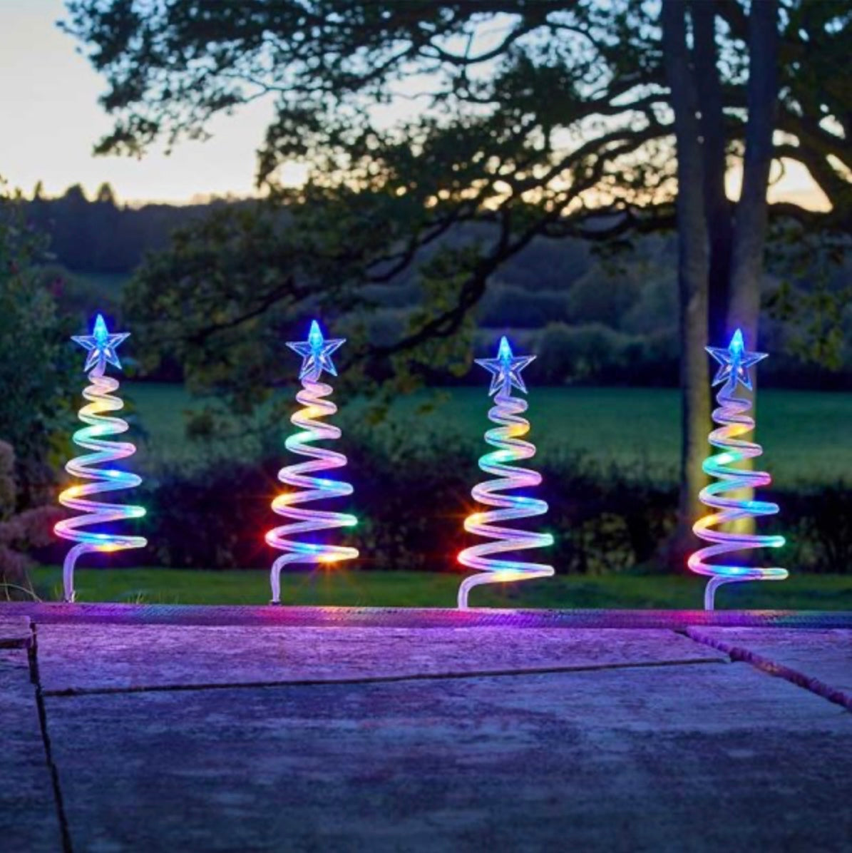 Set of 4 Multi-Coloured Battery-Operated Spiral LED Christmas Tree Pathway Lights – Outdoor Decoration