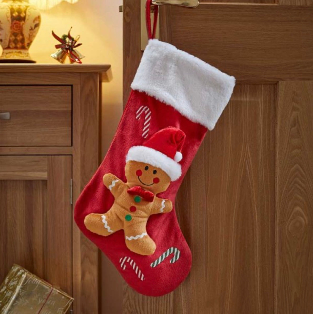 Gingerbread Christmas Stocking with Santa Hat – Festive Hanging Stocking Decoration
