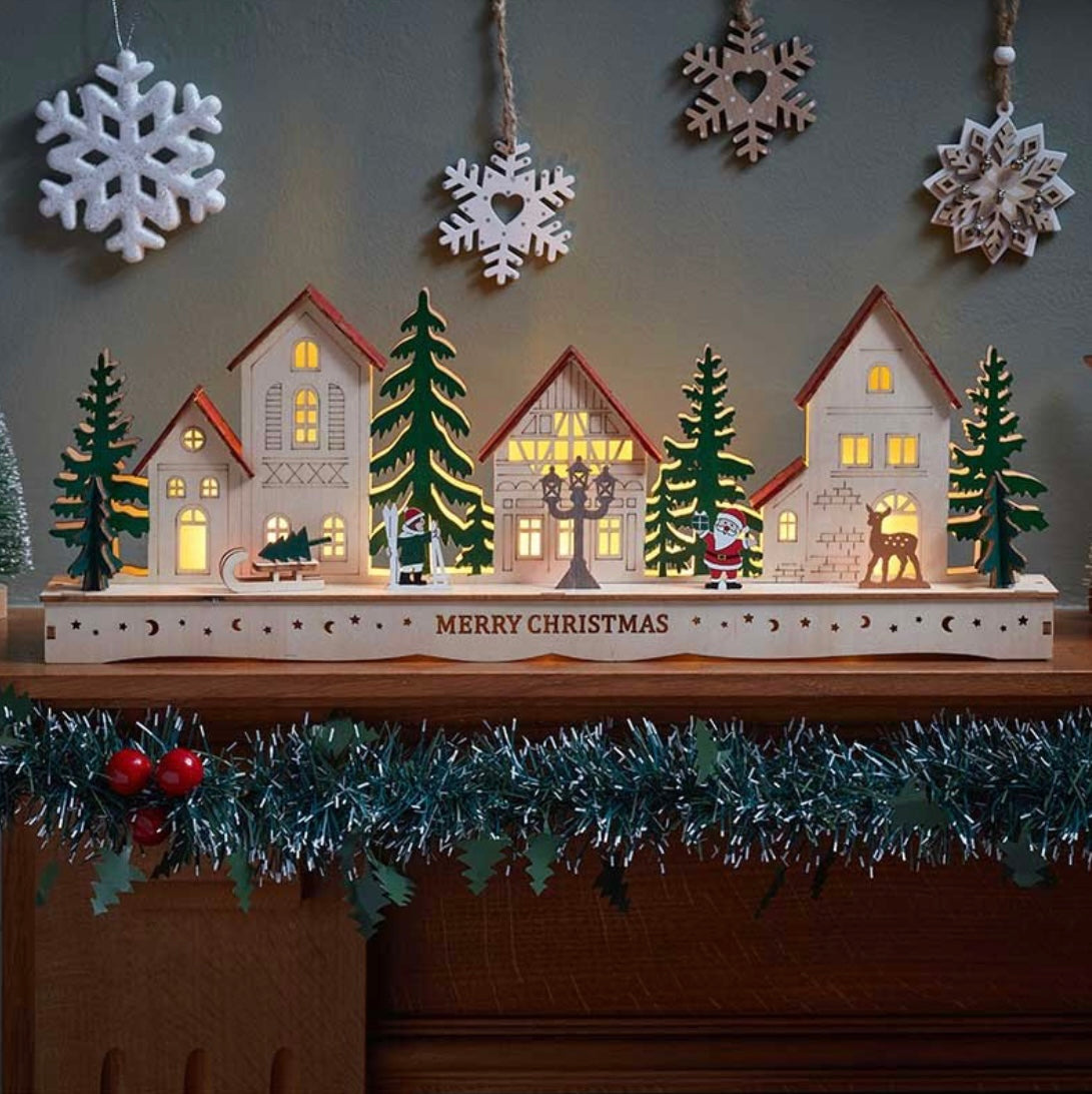 44cm LED Light Up Wooden Christmas Village – Festive Firwood Hamlet