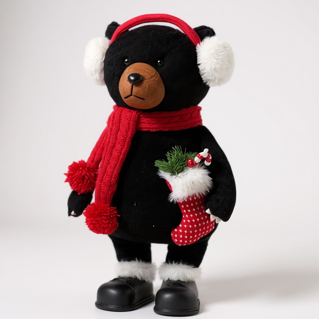 Festive Black Bear with Stocking – Christmas Plush Decoration with Scarf & Earmuffs