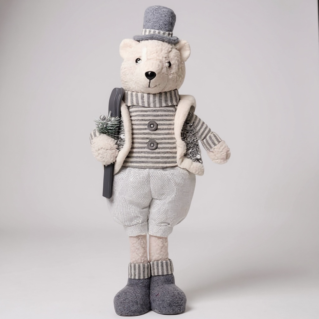 Tall Standing Mr Polar Bear Christmas Decoration – 56cm Elegant White & Grey Winter Figures