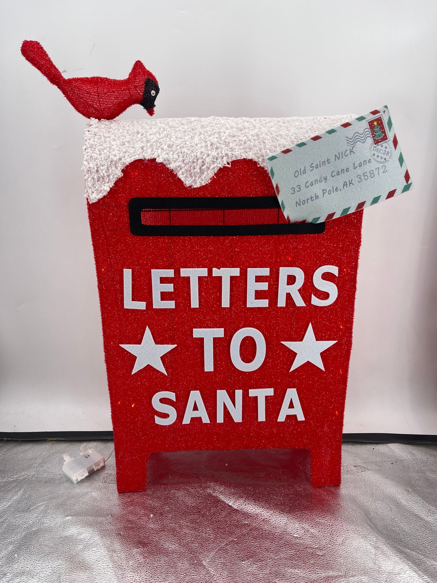 Red “Letters to Santa” Mailbox Decoration with Cardinal & Snow – Festive Holiday Display Piece