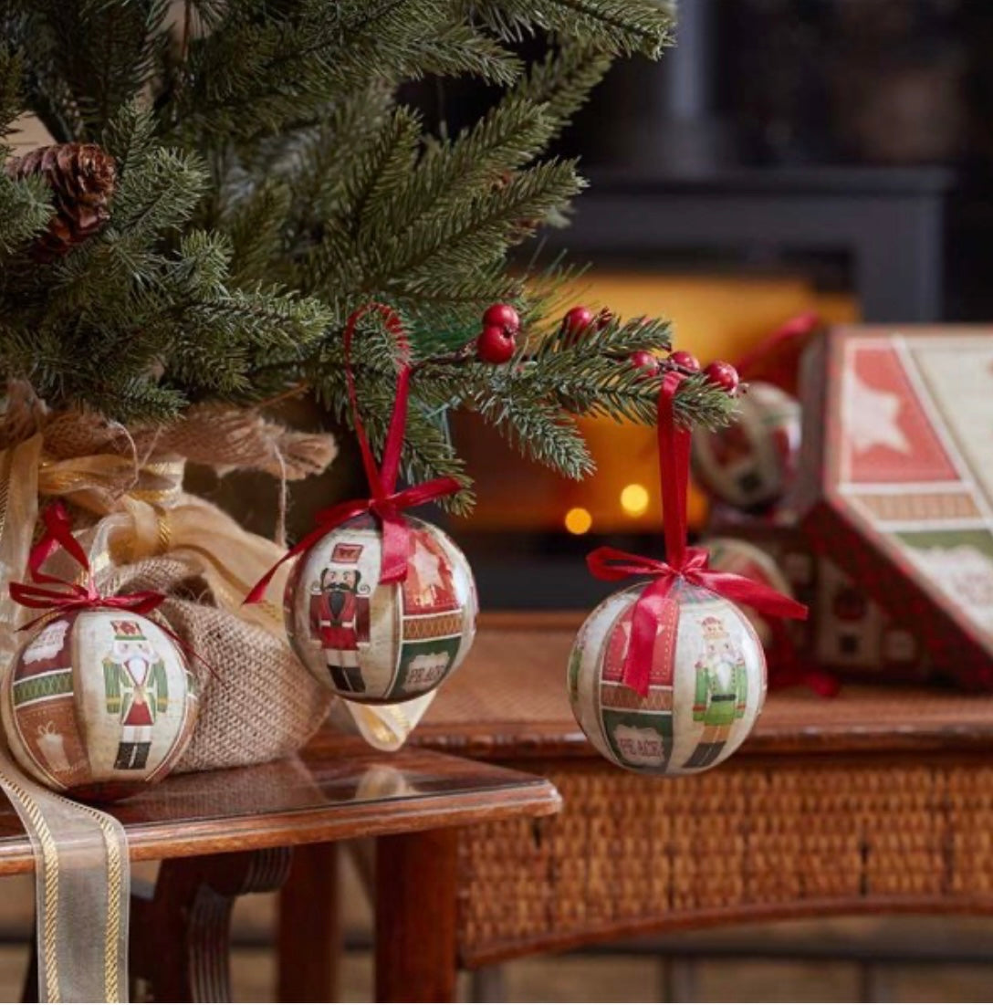 Set of 7 Nutcracker Christmas Baubles with Gift Box – Traditional Tree Decorations