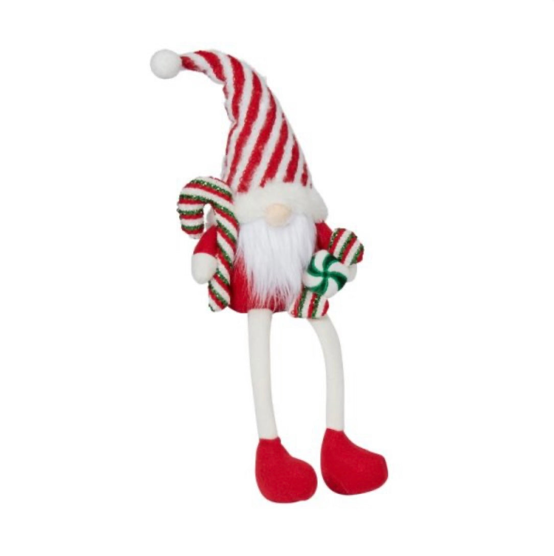 Seated Gonk Christmas Decoration – Red & White Stripe Hat with Dangly Legs