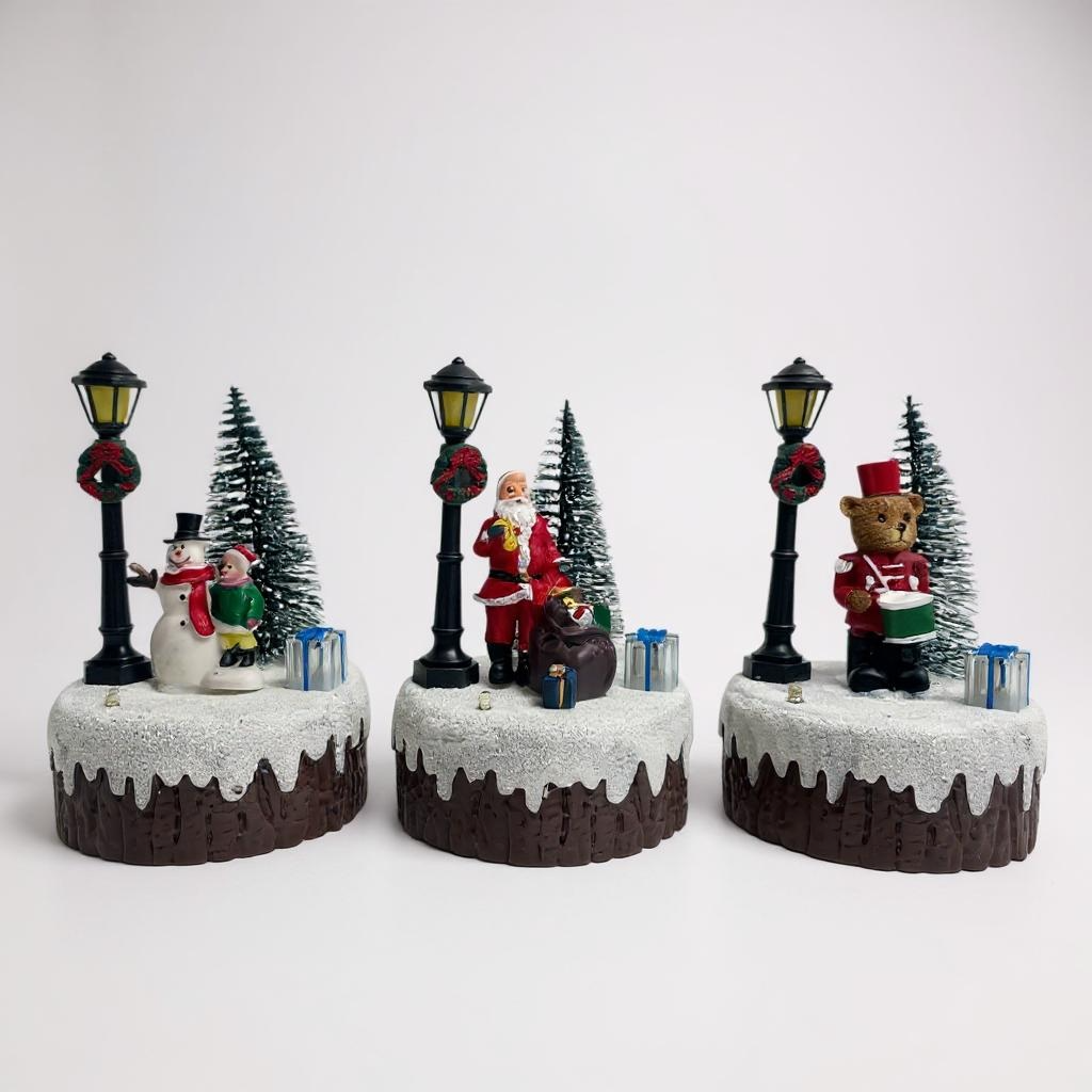 Mini Christmas Figurines – Santa, Snowman & Drummer Bear with Lamp Posts
