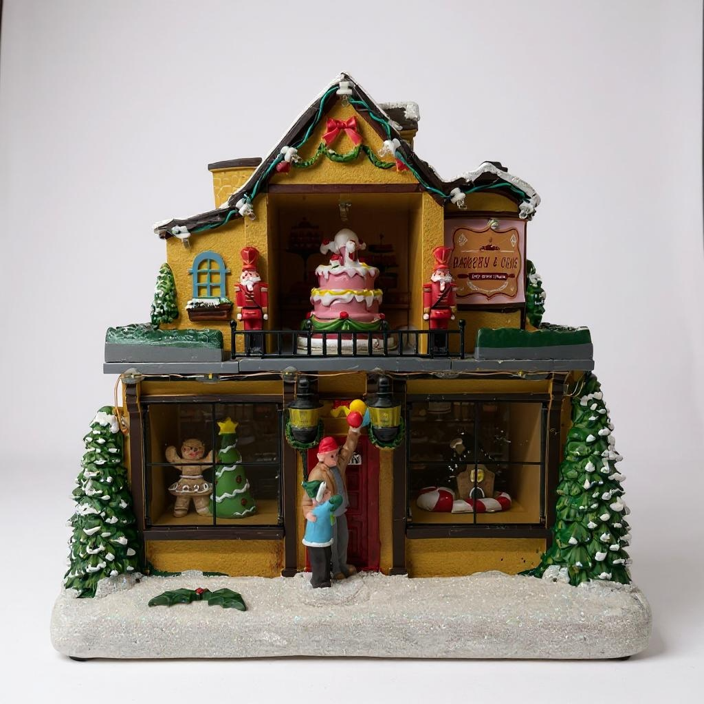 Decorative Christmas village scene with a house, Santa Claus, and trees on a white background