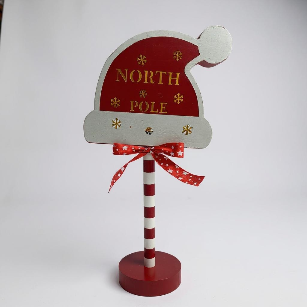 North Pole Santa Hat Sign – Candy Cane Striped Pole | Festive Indoor Decoration