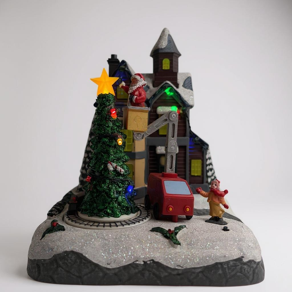 Christmas-themed village scene with a tree, house, and figures on a white background
