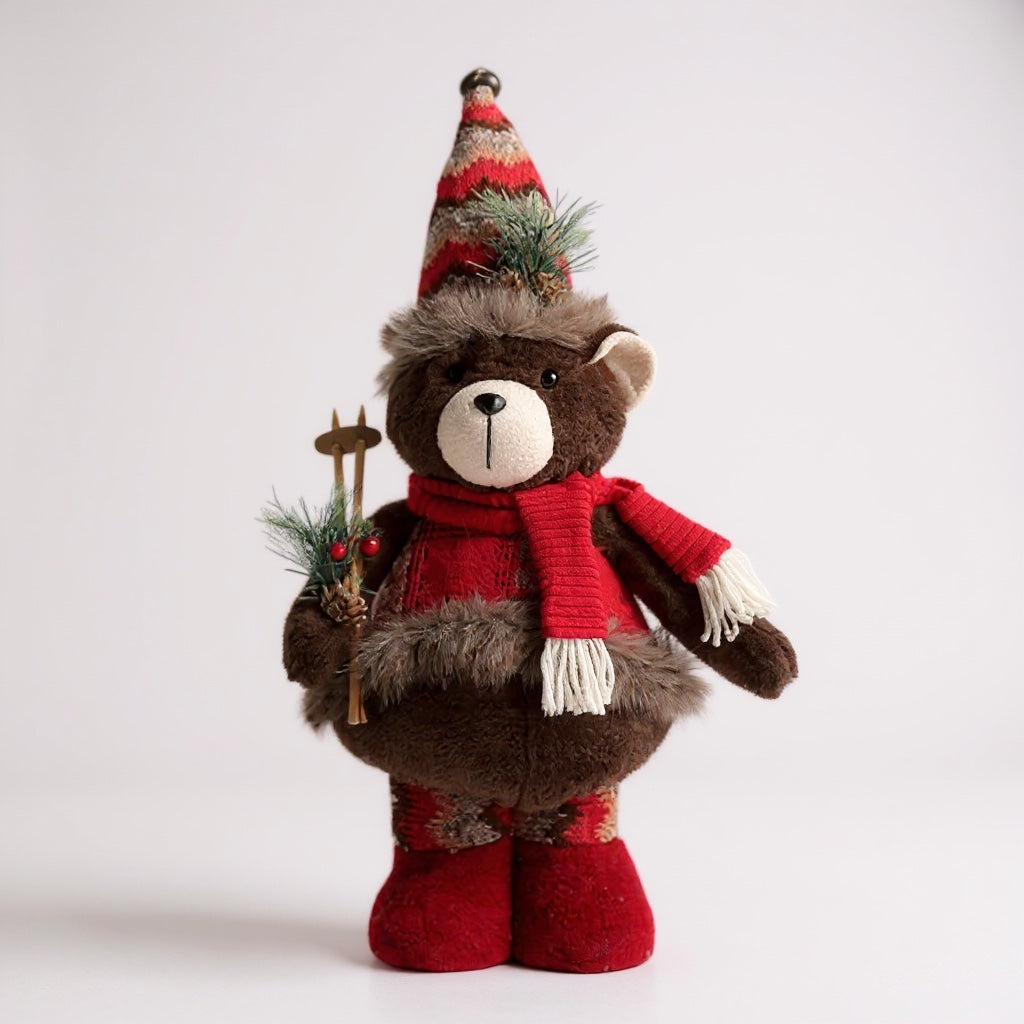 Festive Ski Bear with Red Scarf & Hat – Christmas Plush Decoration