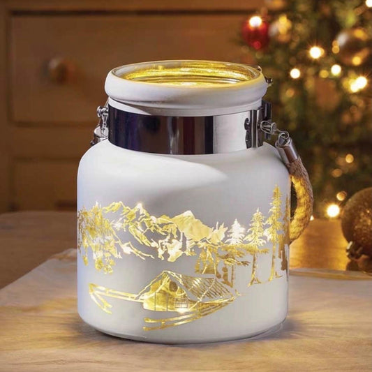 20cm White Christmas Wonderland Glass Lantern – Winter Scene Design