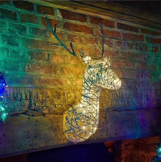 Light-Up Rattan Stag Head – Warm White LED Wall Hanging Christmas Decoration