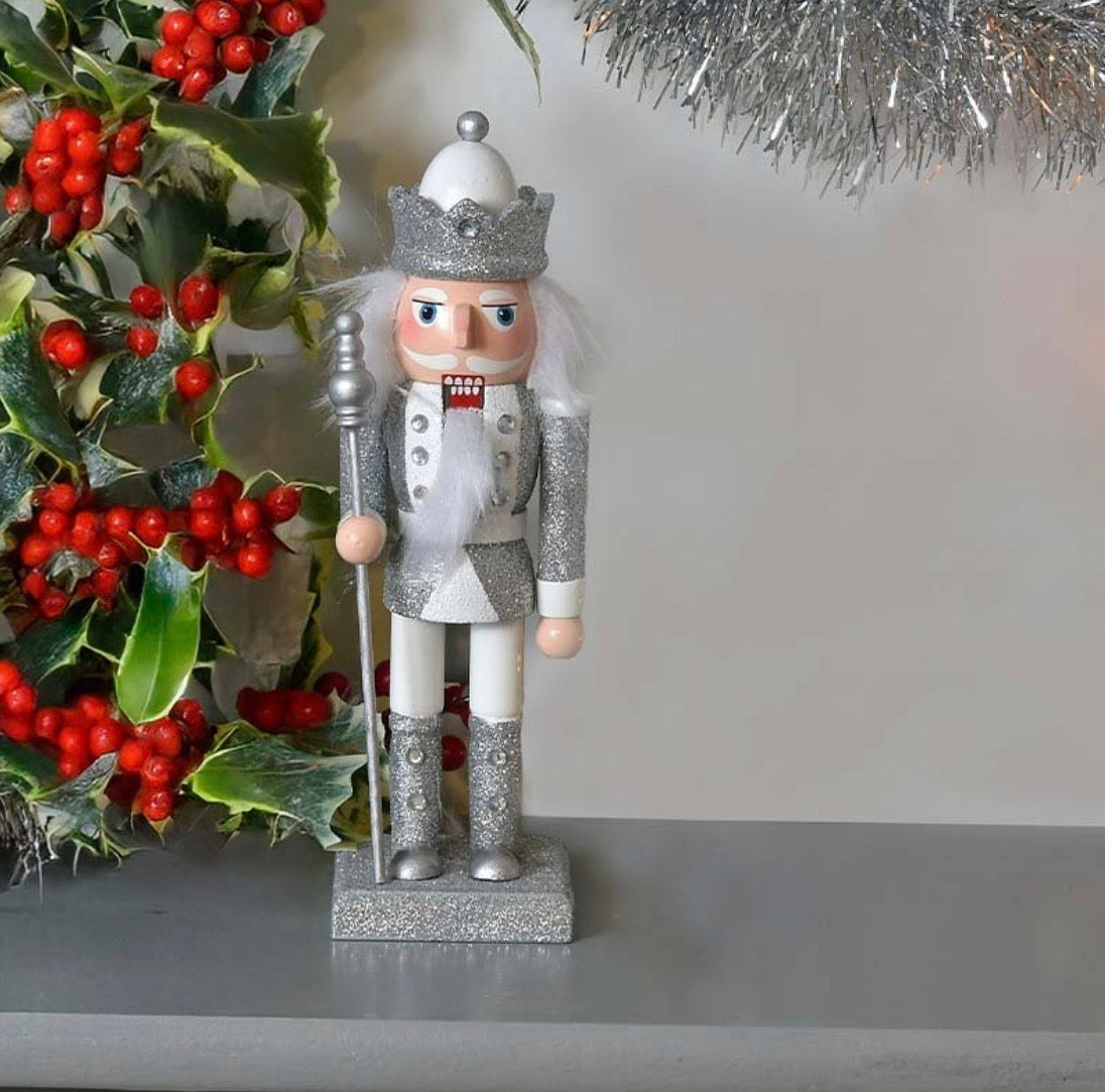 20cm Silver & White Glitter Christmas Nutcracker Soldier Decoration
