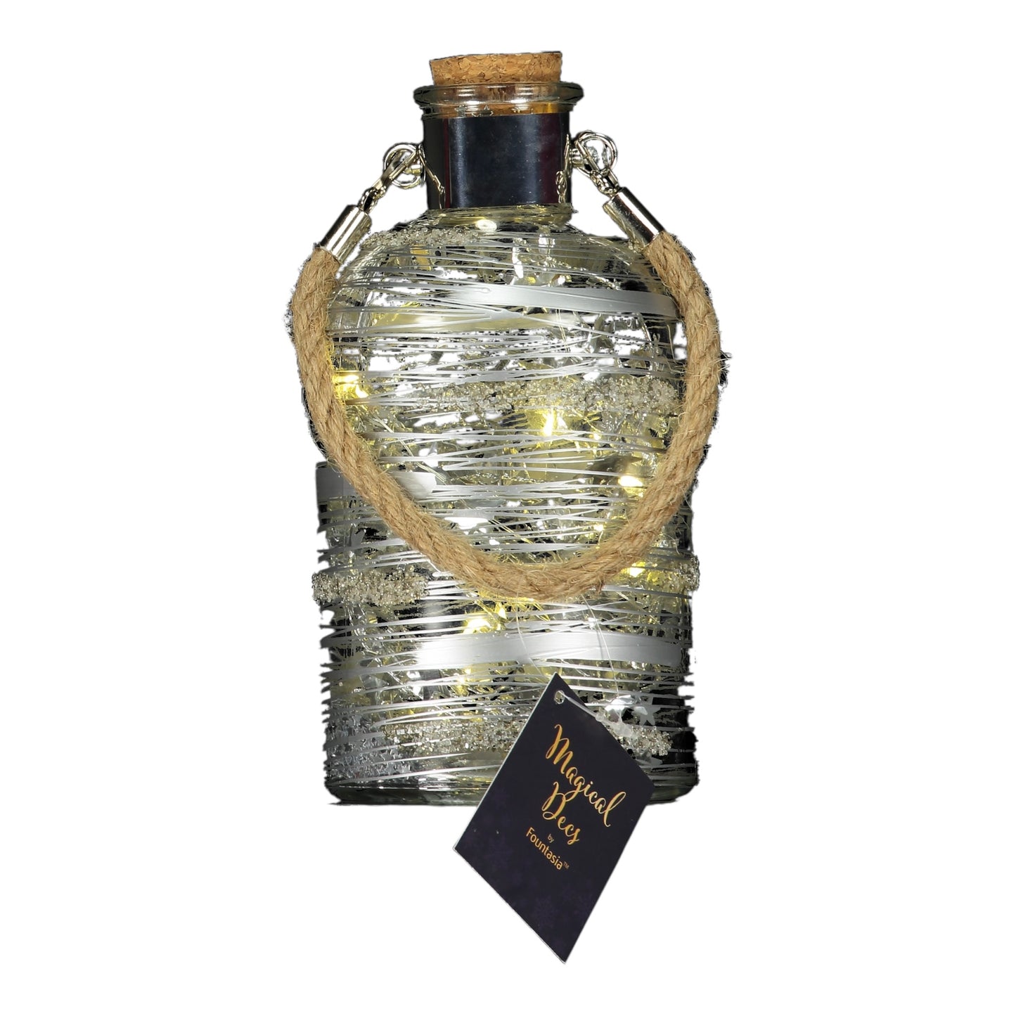 Light-Up Glass Jar – Silver Glitter Wrap with Warm LED Lights and Rope Handle