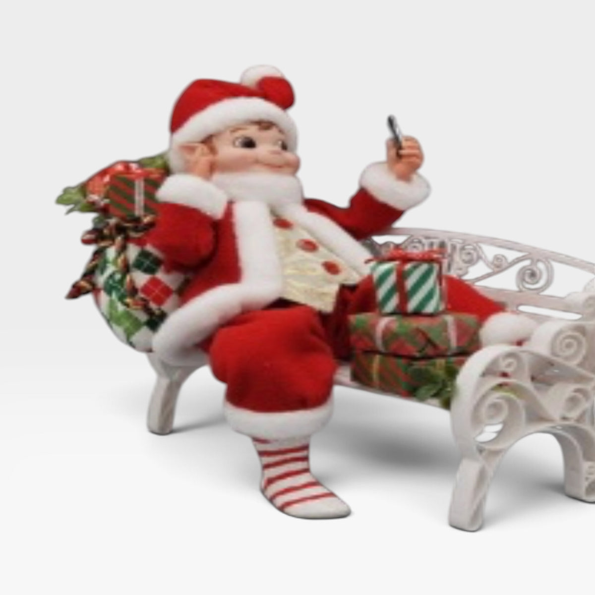 Elf on Bench with Christmas Presents Decoration