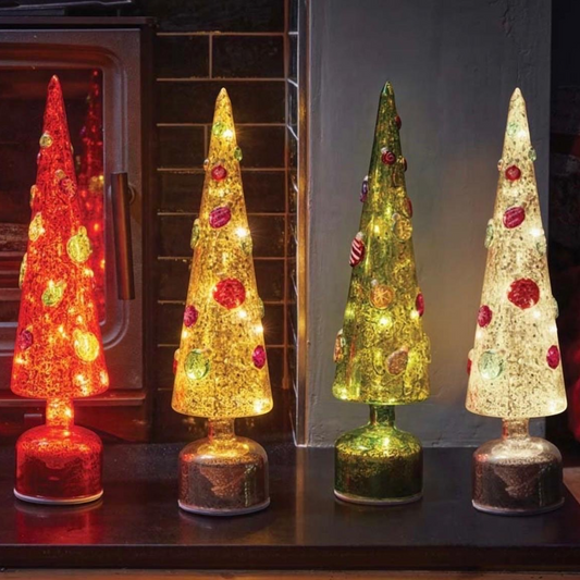 42cm Silver Light Up Spinning Glass Christmas Tree Decoration