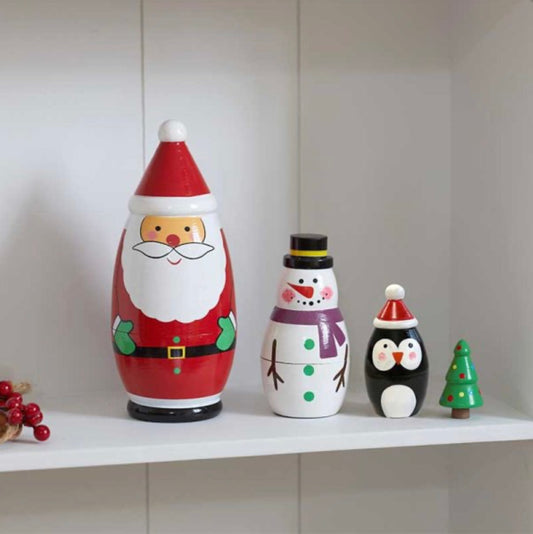 Santa’s Secret! 4-in-1 Festive Figurines – Hand-Painted Wooden Russian Doll Style Ornaments