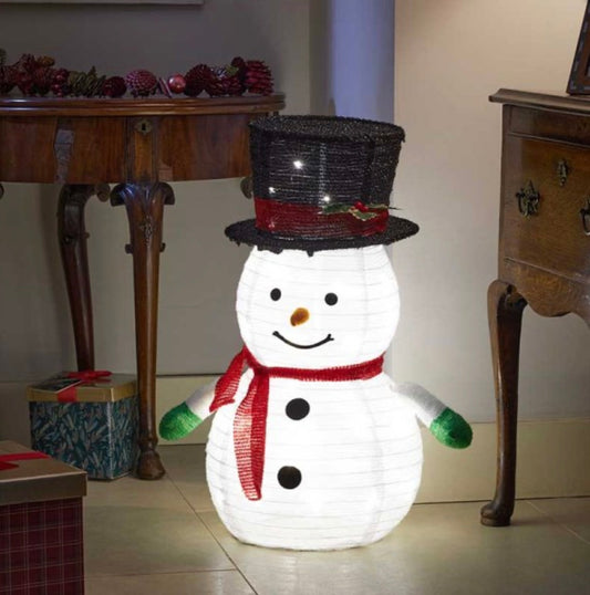 Pop-up light-up snowman with red scarf and black glitter hat for indoor or outdoor use
