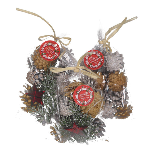 Decorative bundle with pine cones, berries, and a star, tied with twine on a white background.