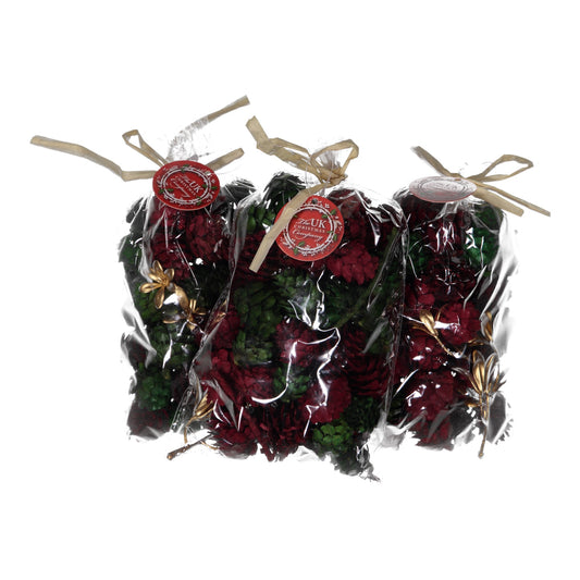 Set of 3 Red & Green Painted Pine Cone Bags with Gold Accents – Festive Christmas Décor & Craft Supplies