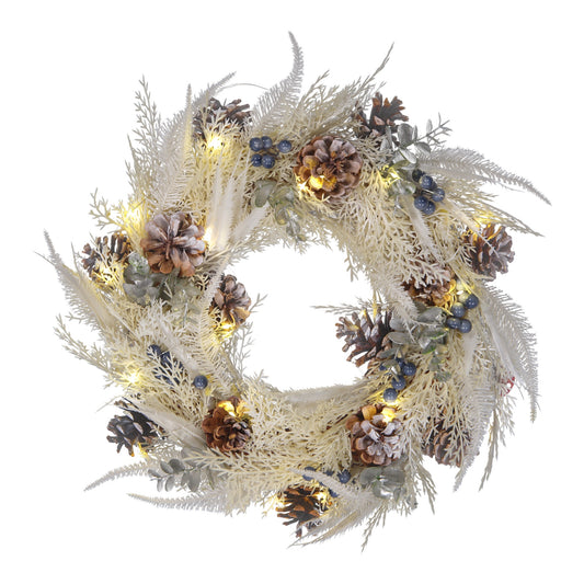 LED Winter White Christmas Wreath with Pinecones & Berries