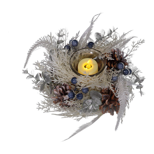 Winter White 1-Glass Cup LED Candle Holder Centrepiece with Pinecones & Berries – Christmas Table Décor