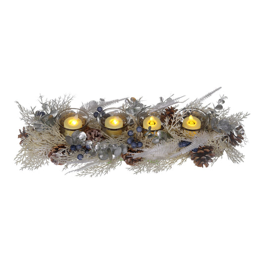 Decorative wreath with candles and pinecones on a white background