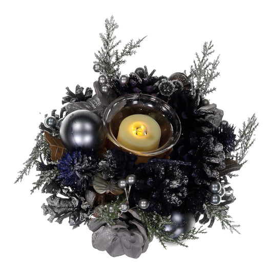 Decorative wreath with candles and ornaments on a white background