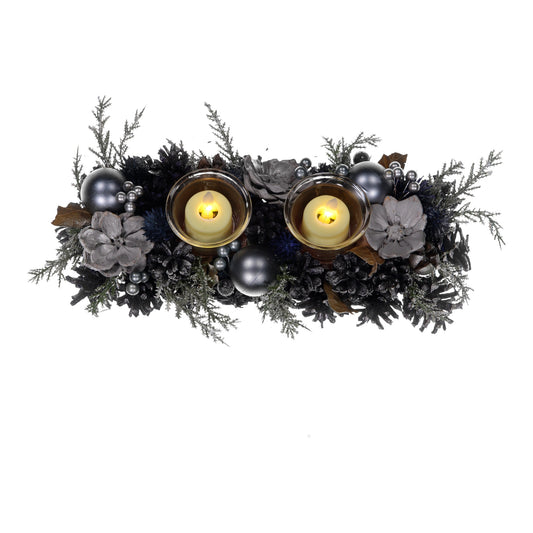 Blue & Silver Christmas Candle Holder – 2 Glass Cups, LED Lights, Pinecones & Baubles