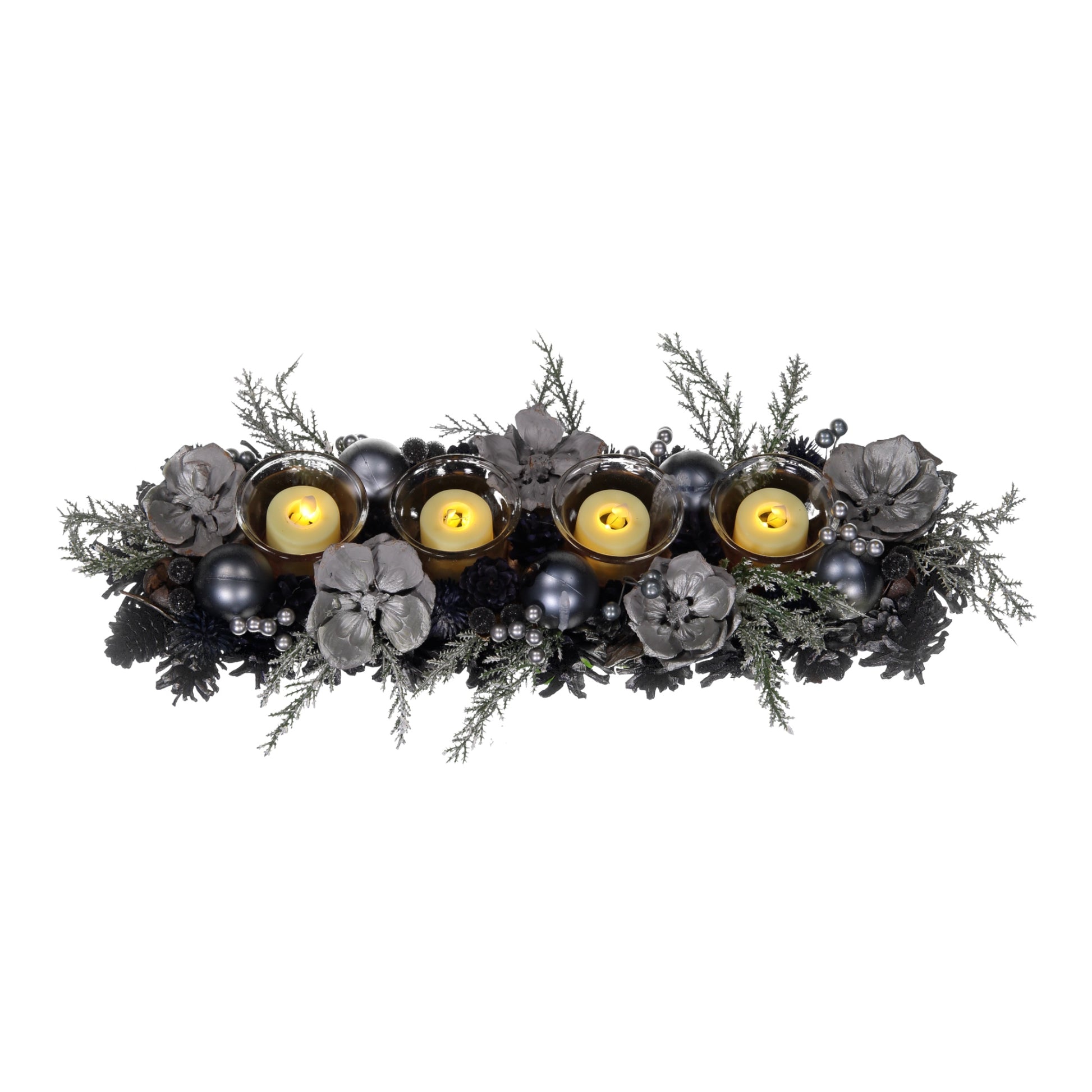 Decorative wreath with candles and flowers on a white background