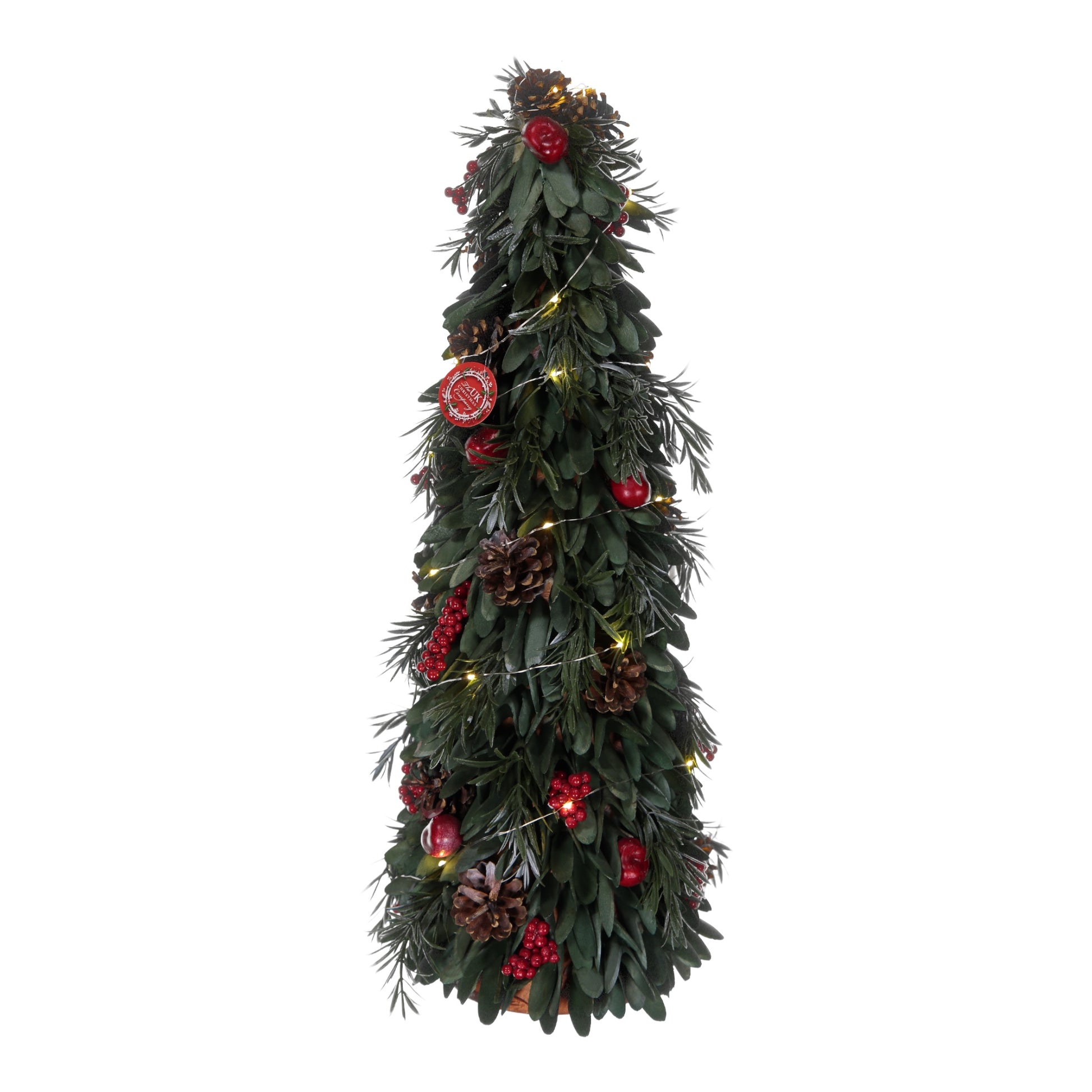 Decorative Christmas garland with lights, pinecones, and red ornaments on a white background