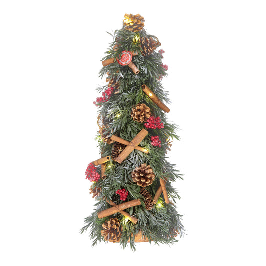 Cinnamon & Pinecone Christmas Tree – Red Berries, Greenery & LED Lights – 60cm Festive Tabletop Decoration
