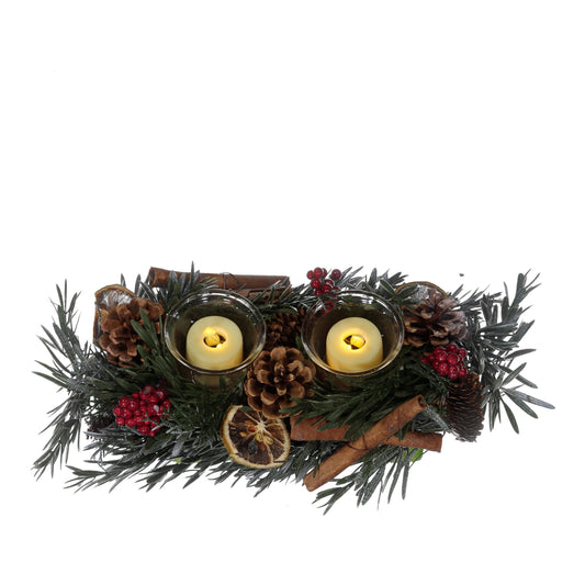 Cinnamon & Pinecone Christmas Candle Holder – 2 Glass Cups with LED Lights – Rustic Festive Centrepiece