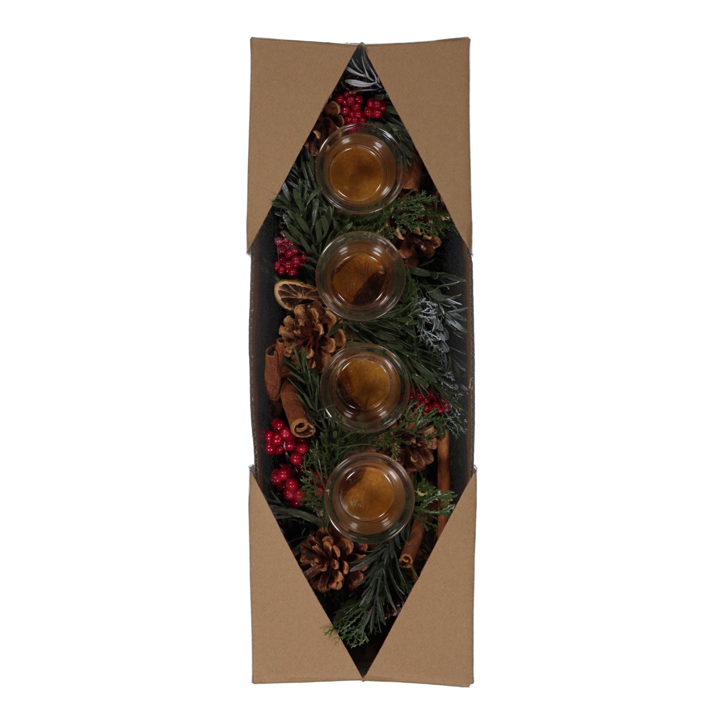 Cinnamon & Pinecone Christmas Candle Holder – 4 Glass Cups with LED Lights – Rustic Festive Table Centrepiece