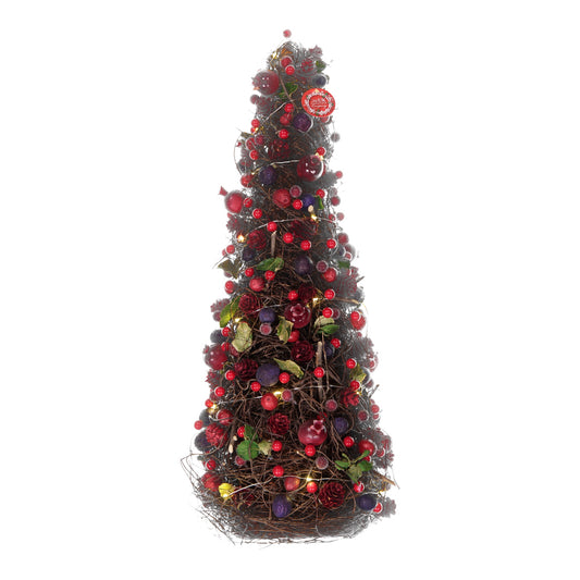 Red & Blue Berry Christmas Tree Cone with Pinecones & LED Lights – Festive Tabletop Decoration