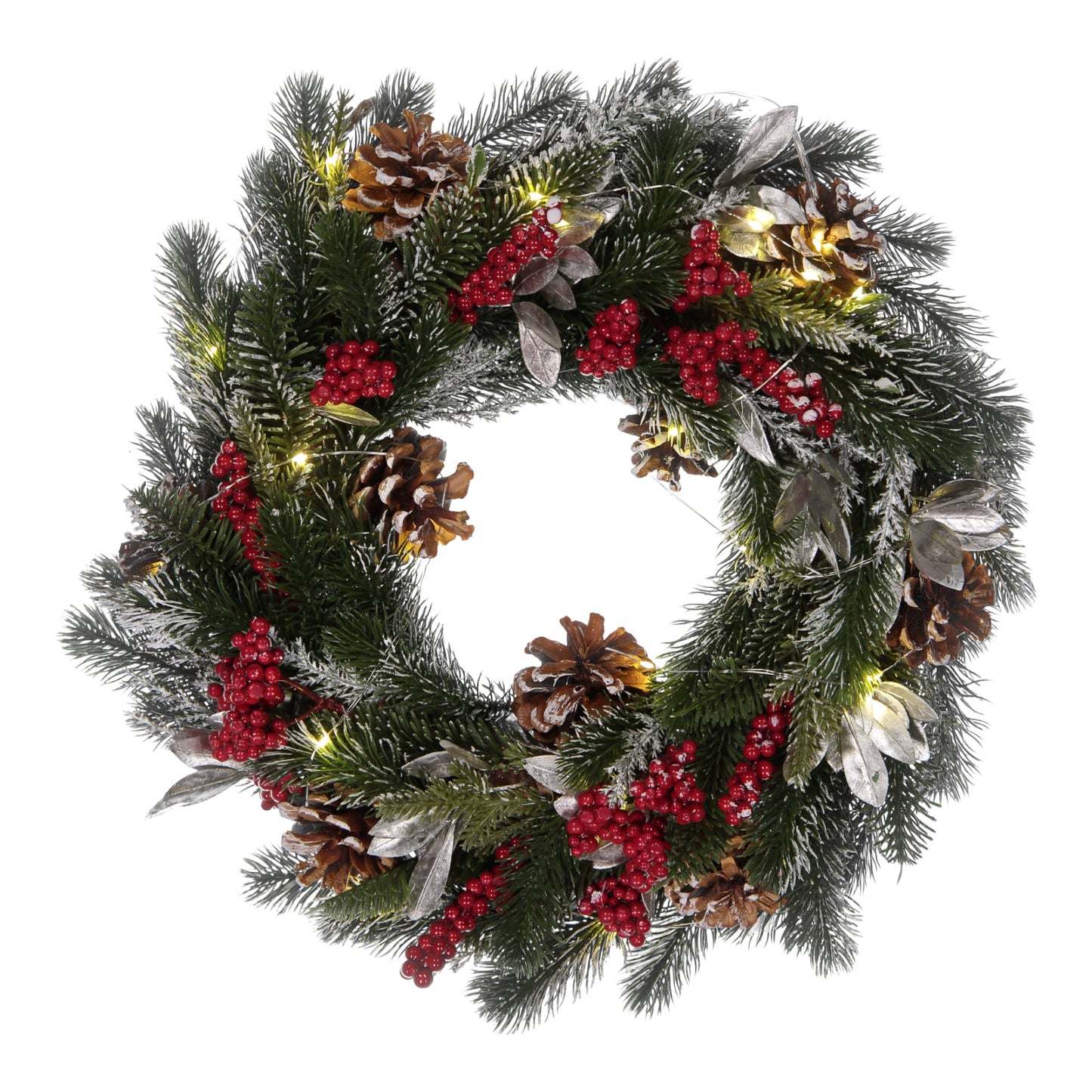 Frosted Pinecone & Berry Christmas Wreath with LED Lights – 40cm