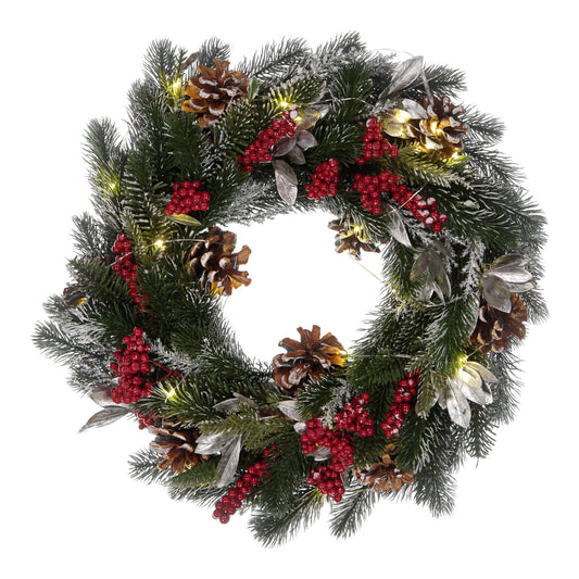Frosted Pinecone & Berry Christmas Wreath with LED Lights – 40cm