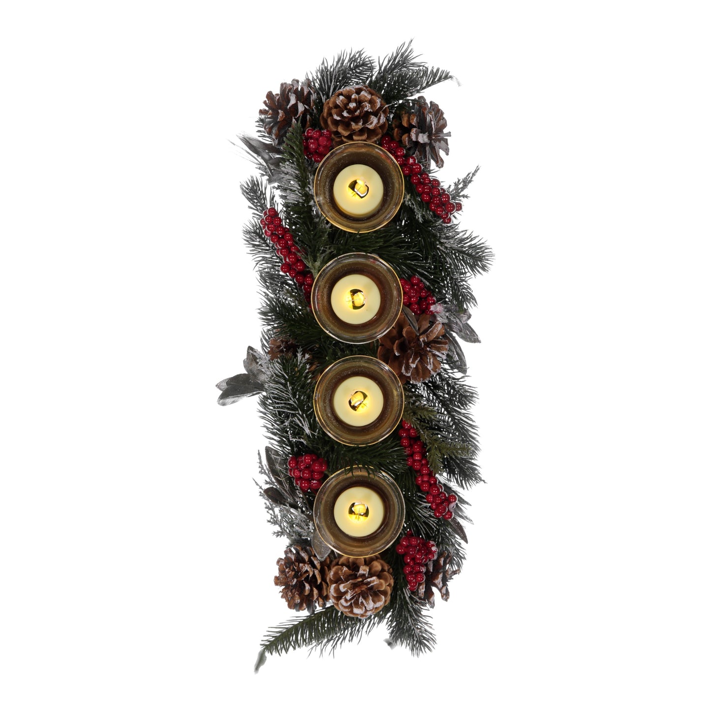 Frosted Pinecone & Berry Candle Holder with LED Tea Lights – 4 Cups