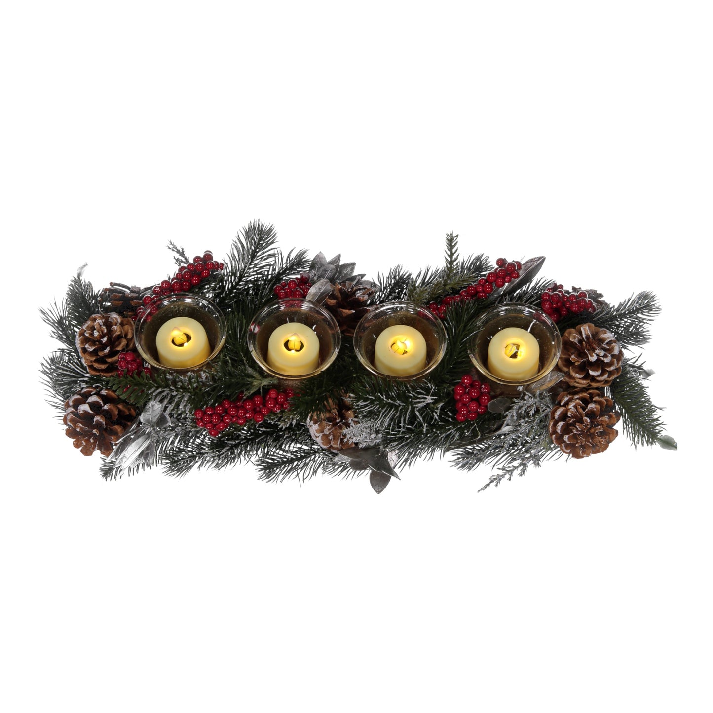 Frosted Pinecone & Berry Candle Holder with LED Tea Lights – 4 Cups