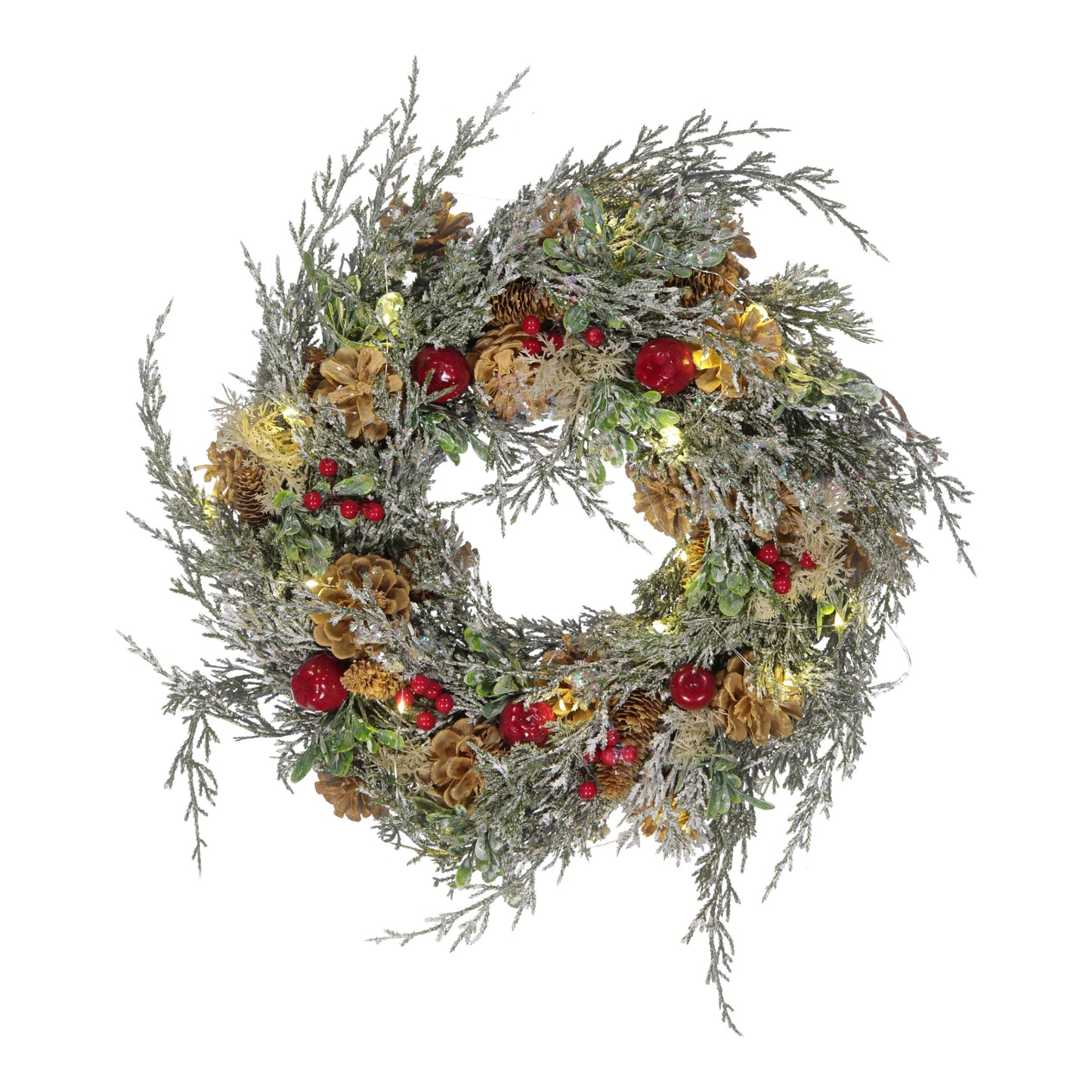 Frosted Pinecone, Red Berry & Apple Christmas Wreath with LED Lights – 40cm
