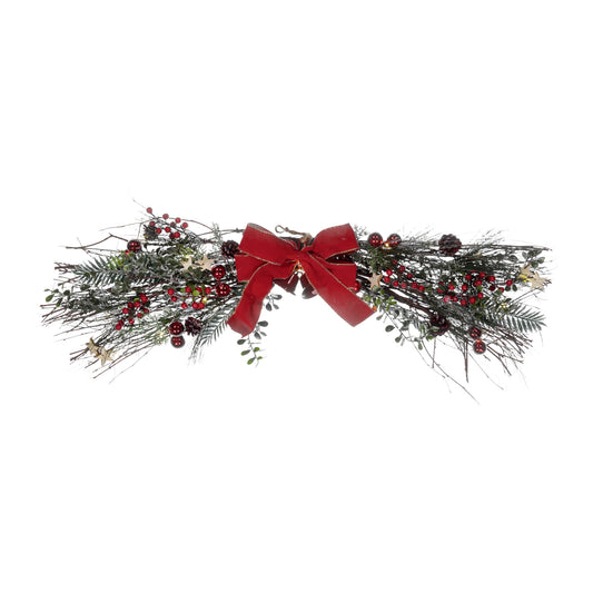 Red Bow Twig Christmas Swag with Frosted Berries, Pinecones & Gold Stars – 100cm