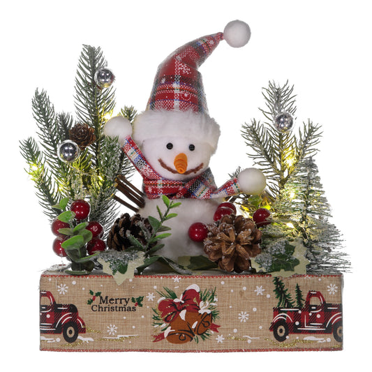 Lighted Christmas Snowman Table Decoration with Trees, Berries & Rustic Box