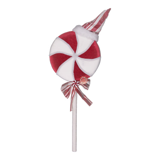 Red & White Peppermint Swirl Lollipop Decoration with Santa Hat & Bow – Festive Holiday Prop