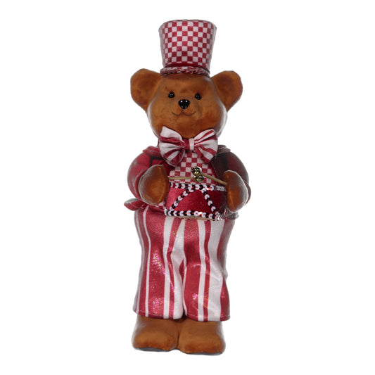 Festive Teddy Bear in Red & White Striped Outfit with Top Hat – Christmas Ornament