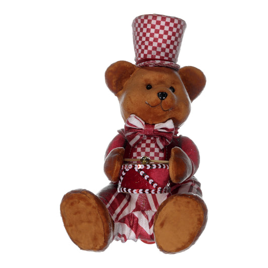 Sitting Festive Teddy Bear in Red & White Striped Outfit with Top Hat – Christmas Decoration