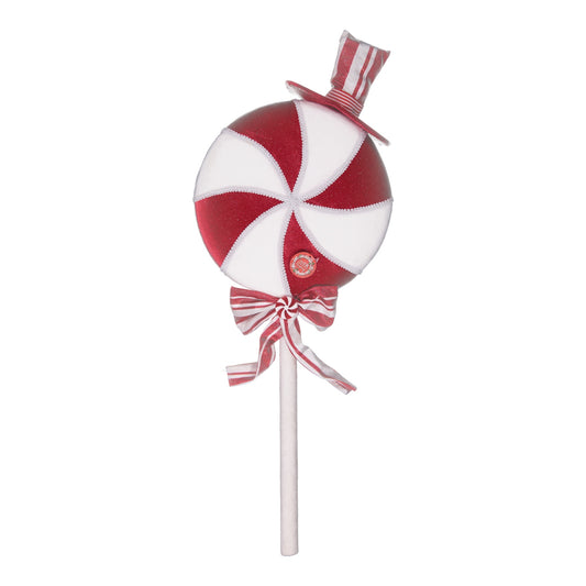 Red & White Peppermint Lollipop Decoration with Striped Hat & Bow – Festive Christmas Ornament